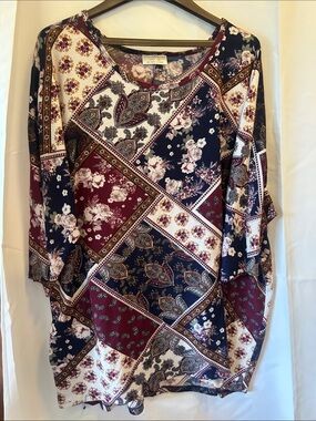 Bobbie Brooks Patchwork Paisley Floral Blouse - Burgundy & Navy